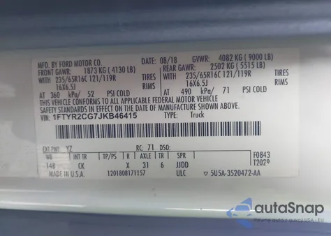 2018 Ford Transit-250 from USA, damaged, VIN 1FTYR2CG7JKB46415